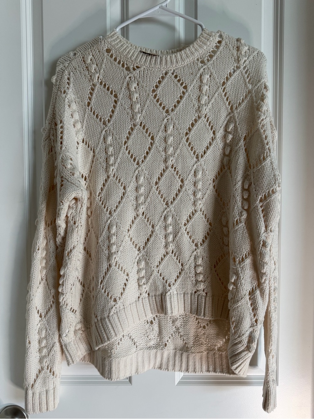 LOFT Cream Openwork Cable Knit Crewneck Sweater